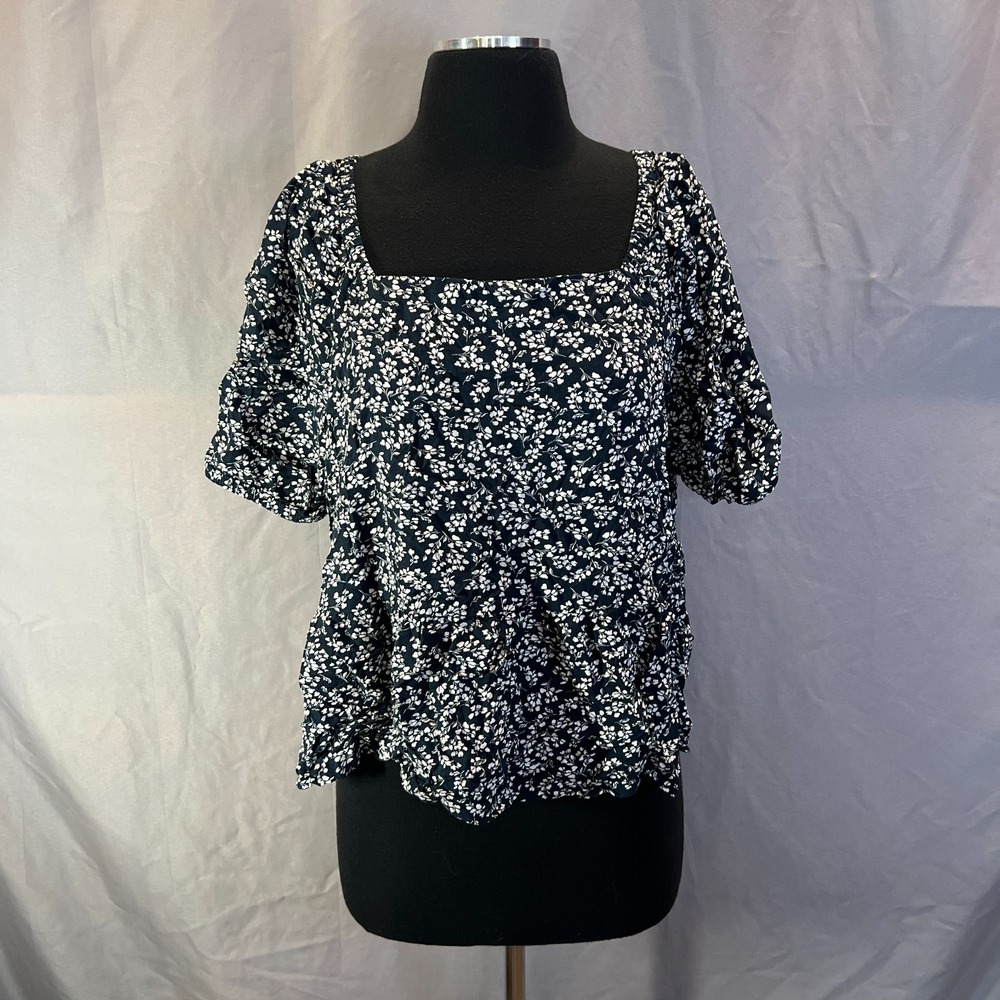Loft Blouse Top Womens XL Black White Ditsy Floral Square Neckline Puff Sleeve